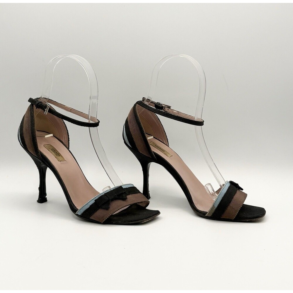 Prada Brown & Blue Canvas Heels w/ Bow Accent Mules Open Toe Vintage Sz EU 35